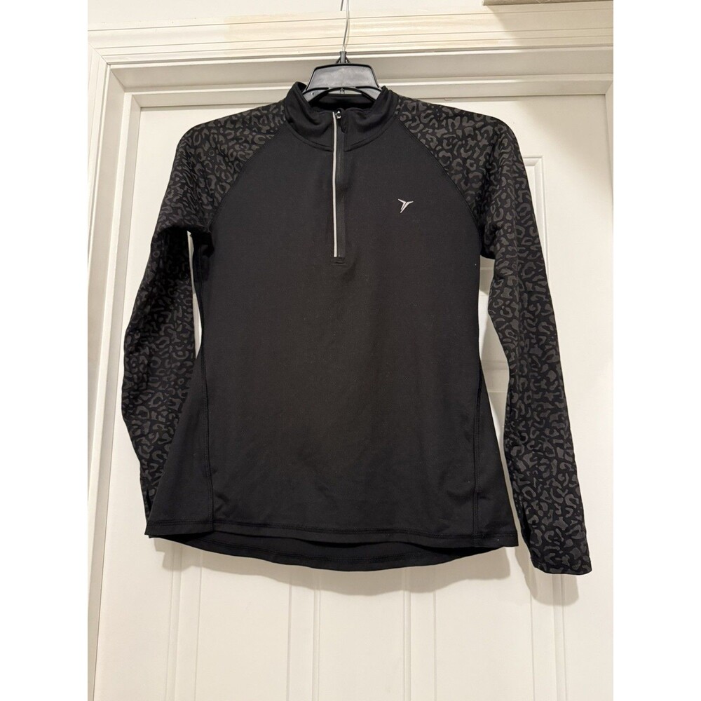 Women’s Old Navy Black Leopard Sleeve 1/4 Zip Size S Athleisure Sporty Chic